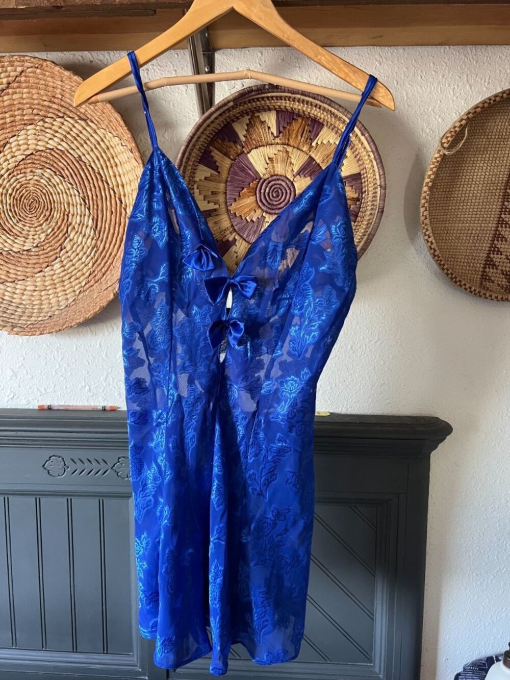 Fredericks Royal Blue Bow burnout floral lace lingerie babydoll slip dress Mediu